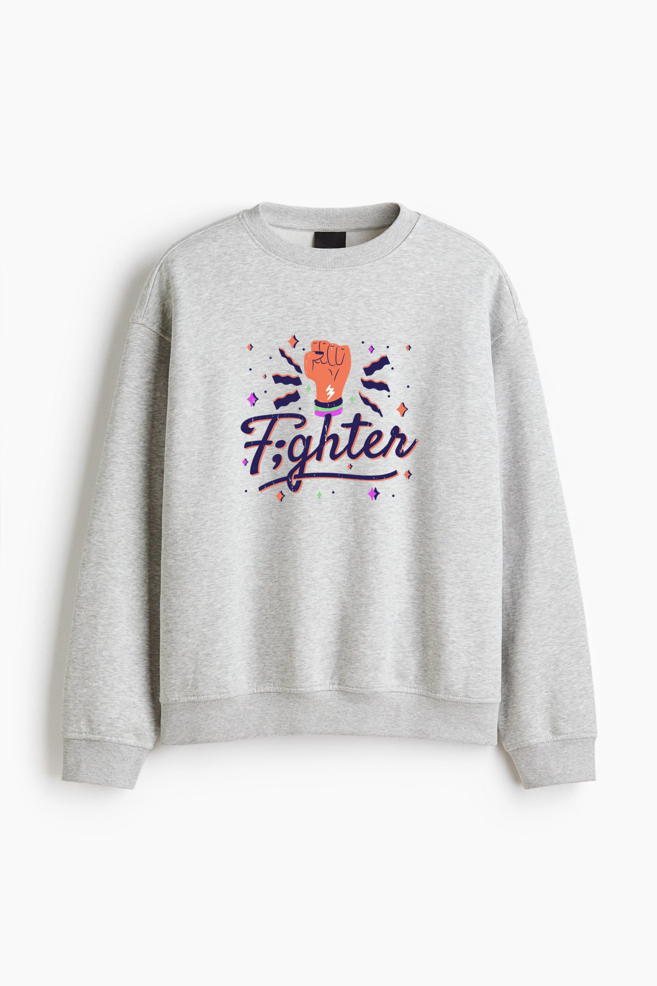 Illustration Of A Fist With The Word Fighter Regular Fit Printed Sweatshirt 